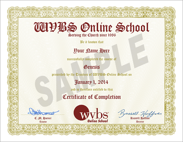 Sample Completion Certificate from WVBS Online Bible School